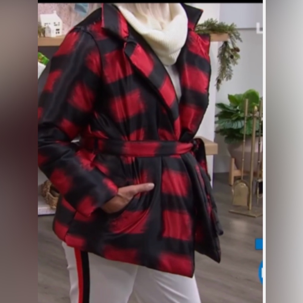 IMAN Global Chic Red and Black Brushstoke Belted Coat NWT - Picture 13 of 14